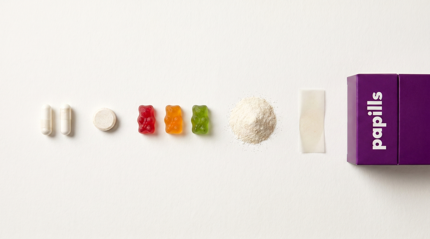 Les différentes formes (galéniques) de compléments : gélules, comprimé, gummies, poudre et feuille Papills