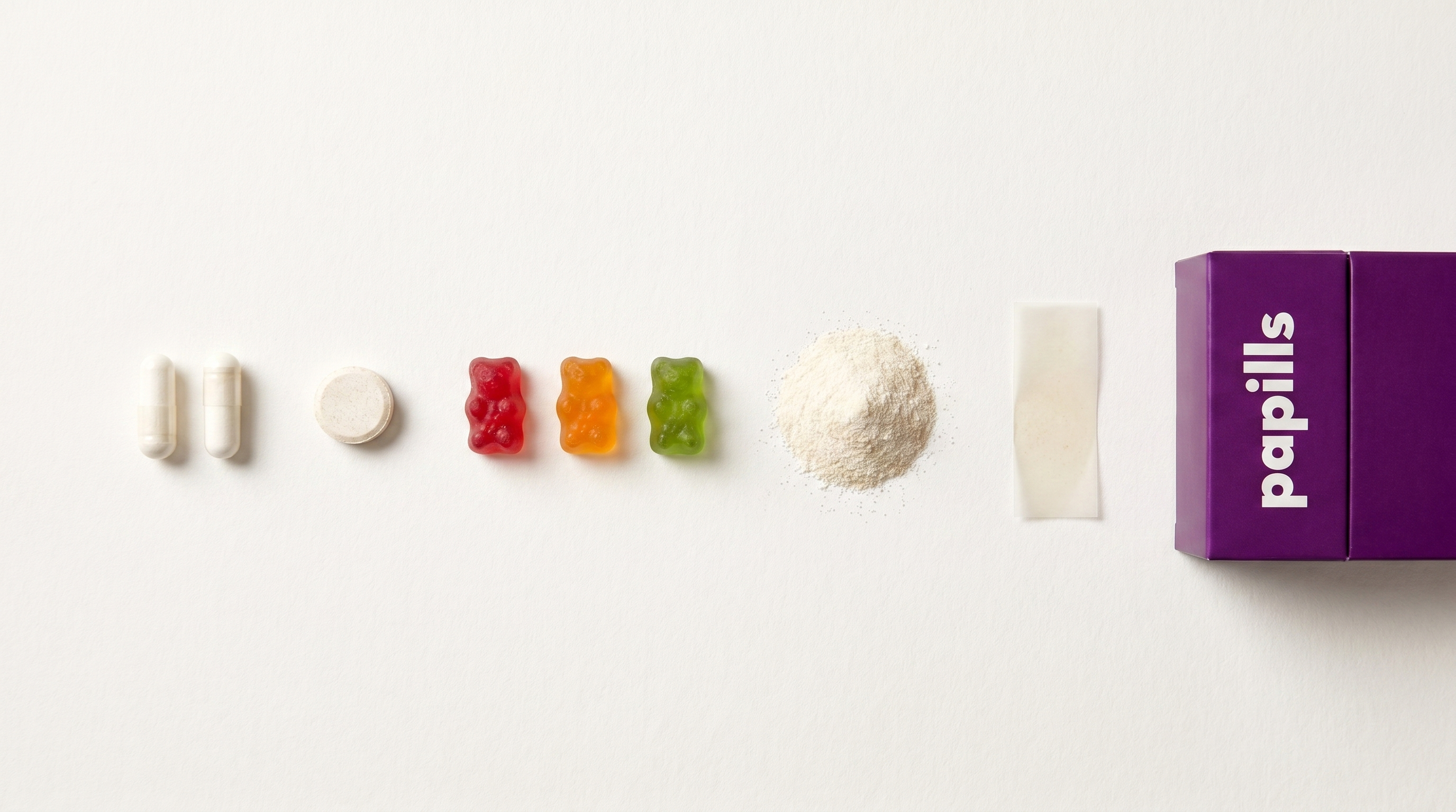 Les différentes formes (galéniques) de compléments : gélules, comprimé, gummies, poudre et feuille Papills Image