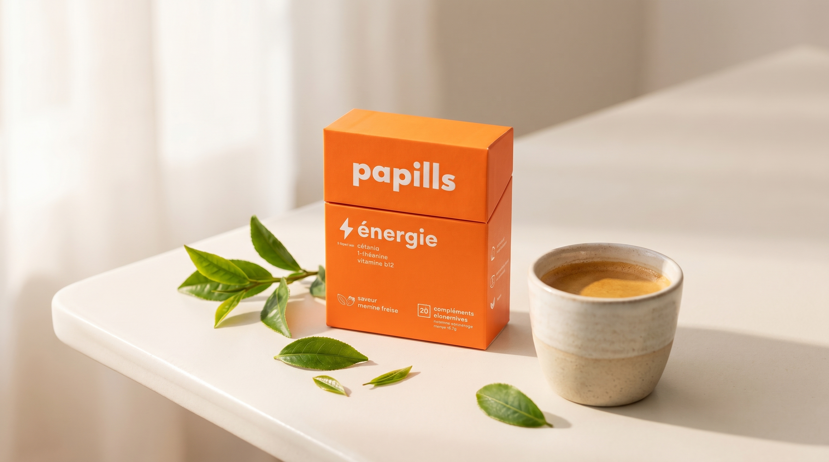 Étui Papills Énergie avec un café et des feuilles de thé vert : le duo caféine et L-théanine Image