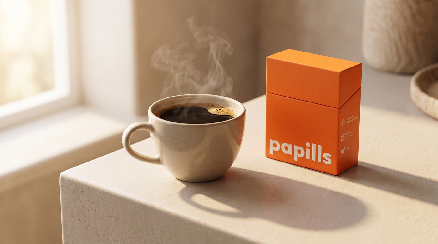 Tasse de café fumant à côté de l'étui Papills Énergie