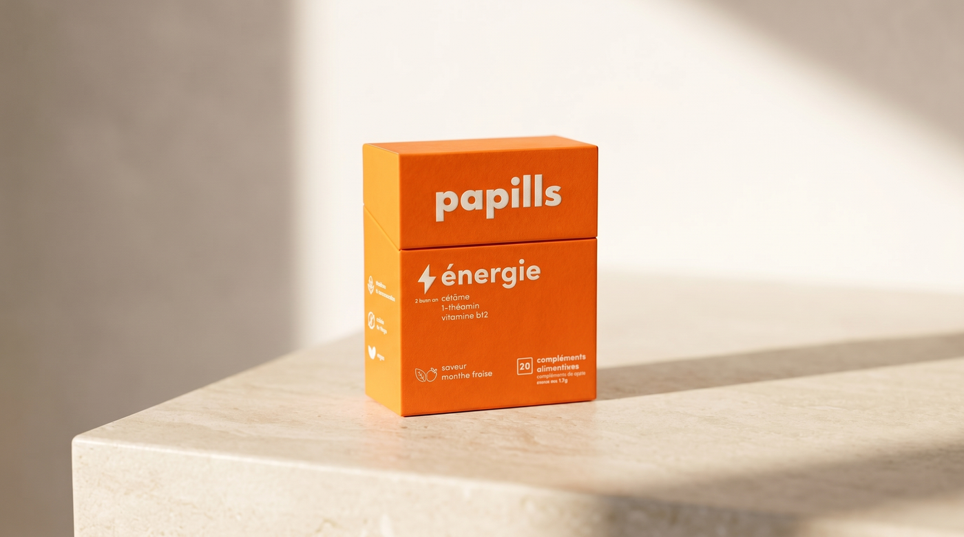 Étui Papills Énergie (caféine, L-théanine, vitamine B12) dans la lumière du matin