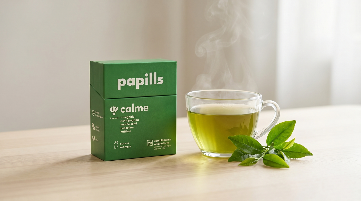 Étui Papills Calme et une tasse de thé vert : la L-théanine vient du thé vert