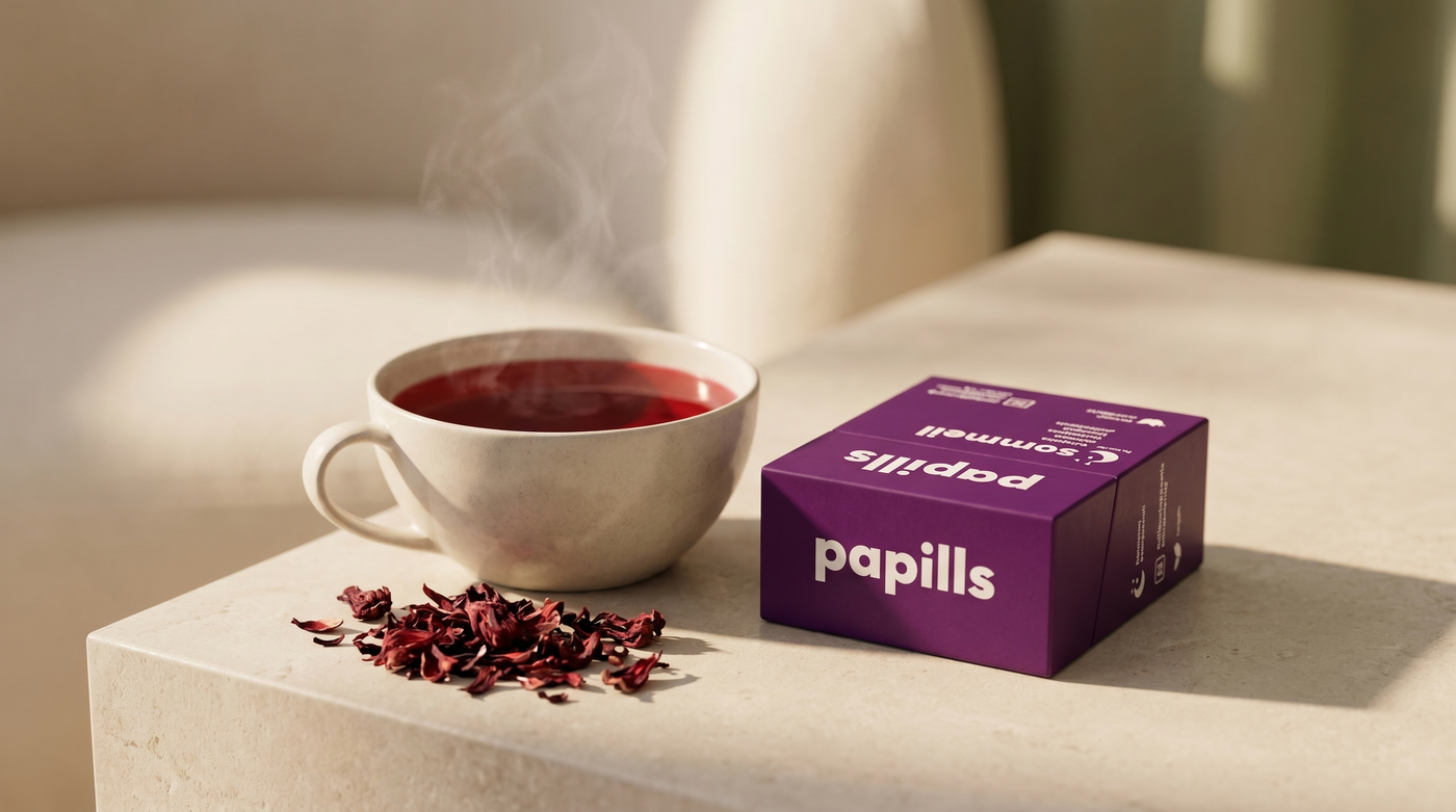 Tasse d'infusion d'hibiscus et étui Papills Sommeil, rituel du soir