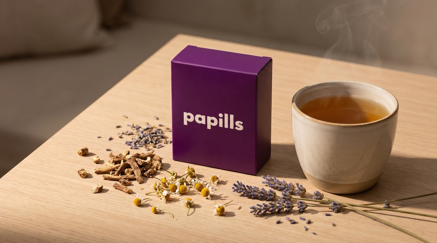 Plantes du sommeil (valériane, camomille, lavande), infusion et étui Papills Sommeil