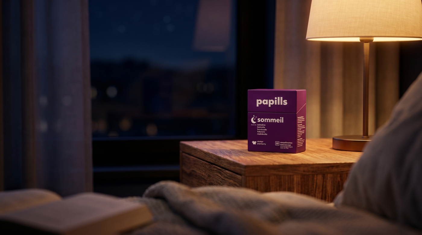 Étui Papills Sommeil sur une table de nuit, ambiance du soir