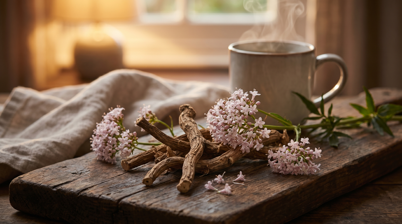 Racines de valériane sur une planche en bois, tasse de tisane en soirée