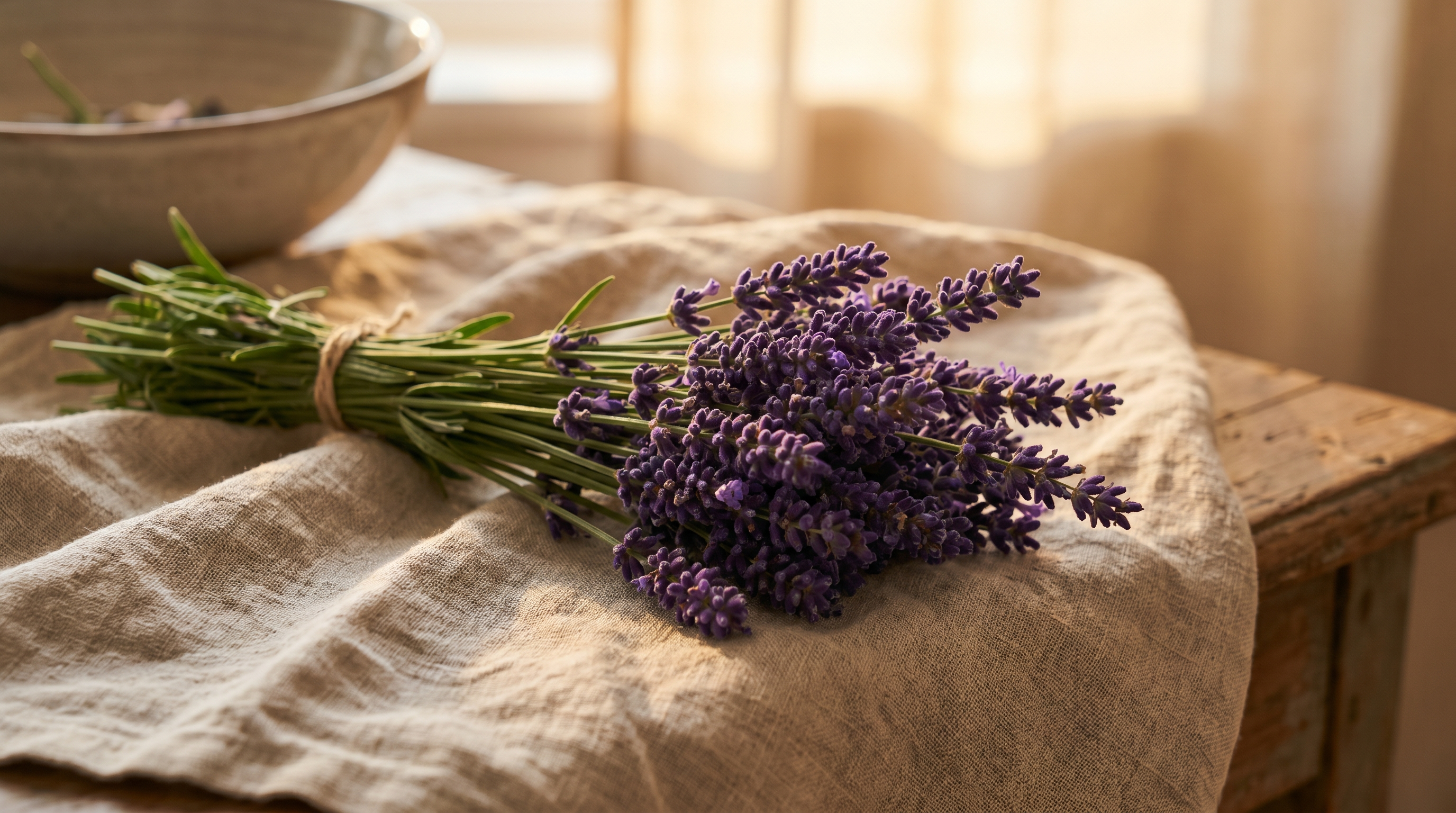 Brins de lavande fraîche aux fleurs violettes sur lin beige Image