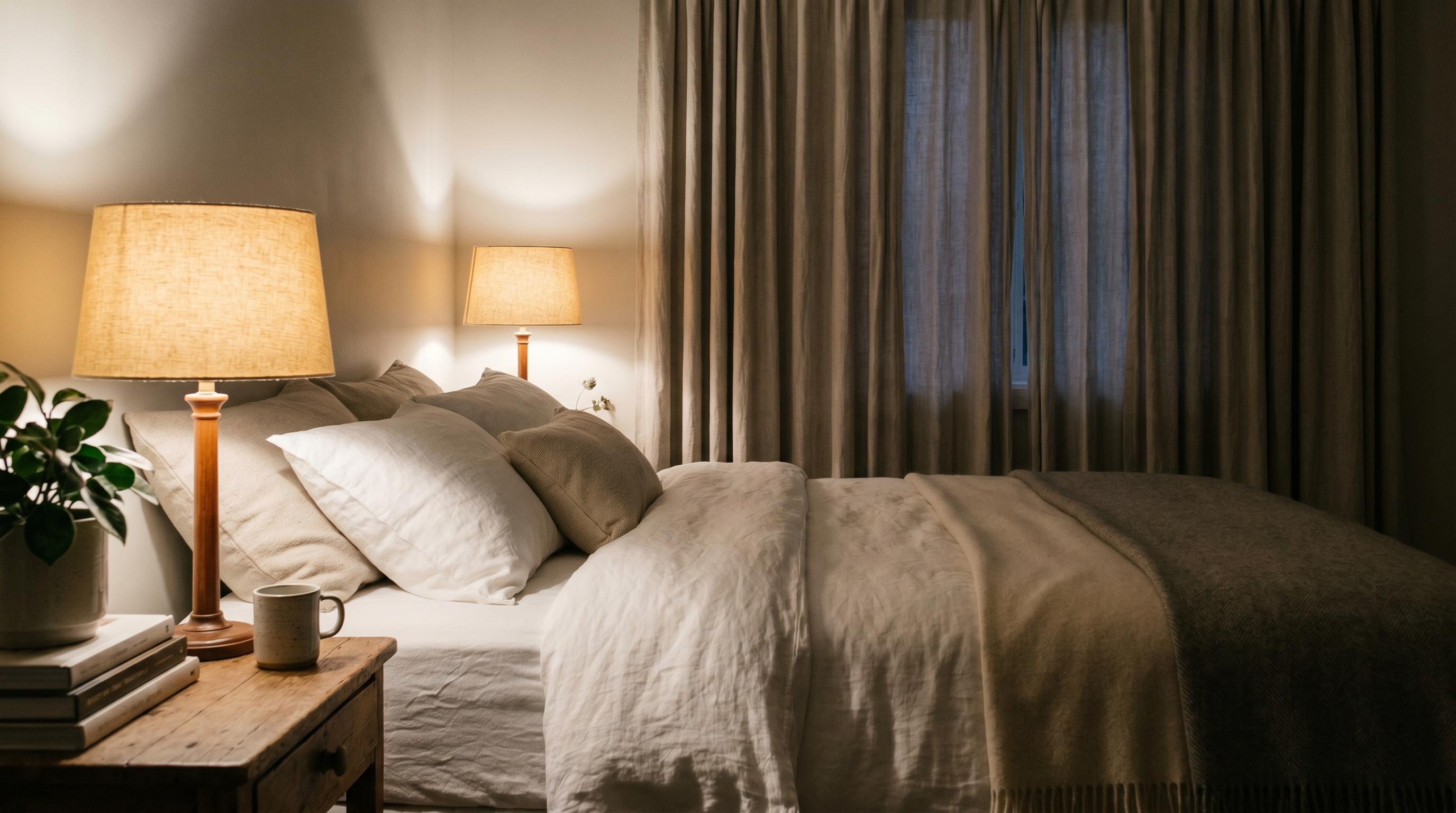 Chambre calme et tamisée le soir, lampe de chevet allumée, ambiance propice au sommeil Image