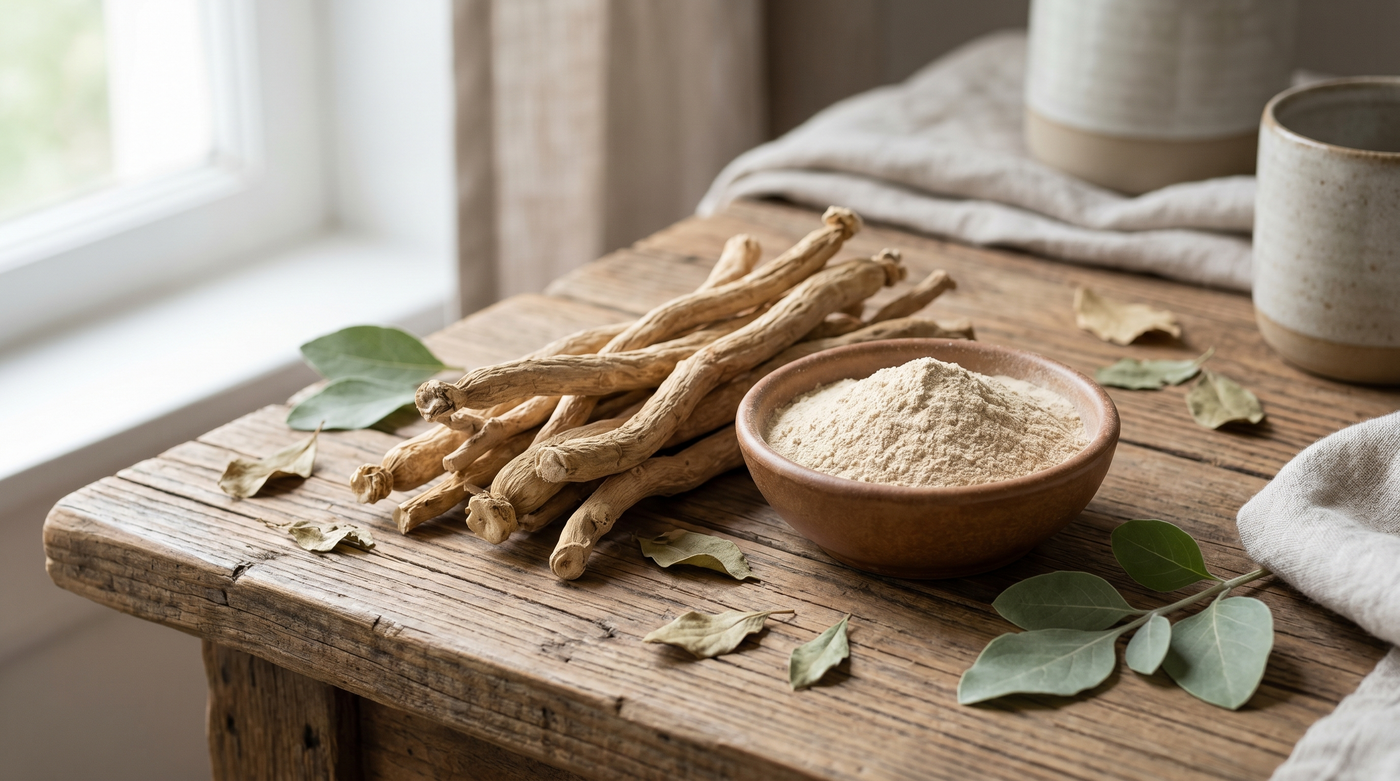 Racines et poudre d'ashwagandha sur une surface en bois