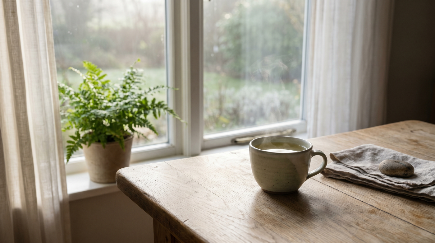 Tasse de thé vert près d'une fenêtre, ambiance calme et détente