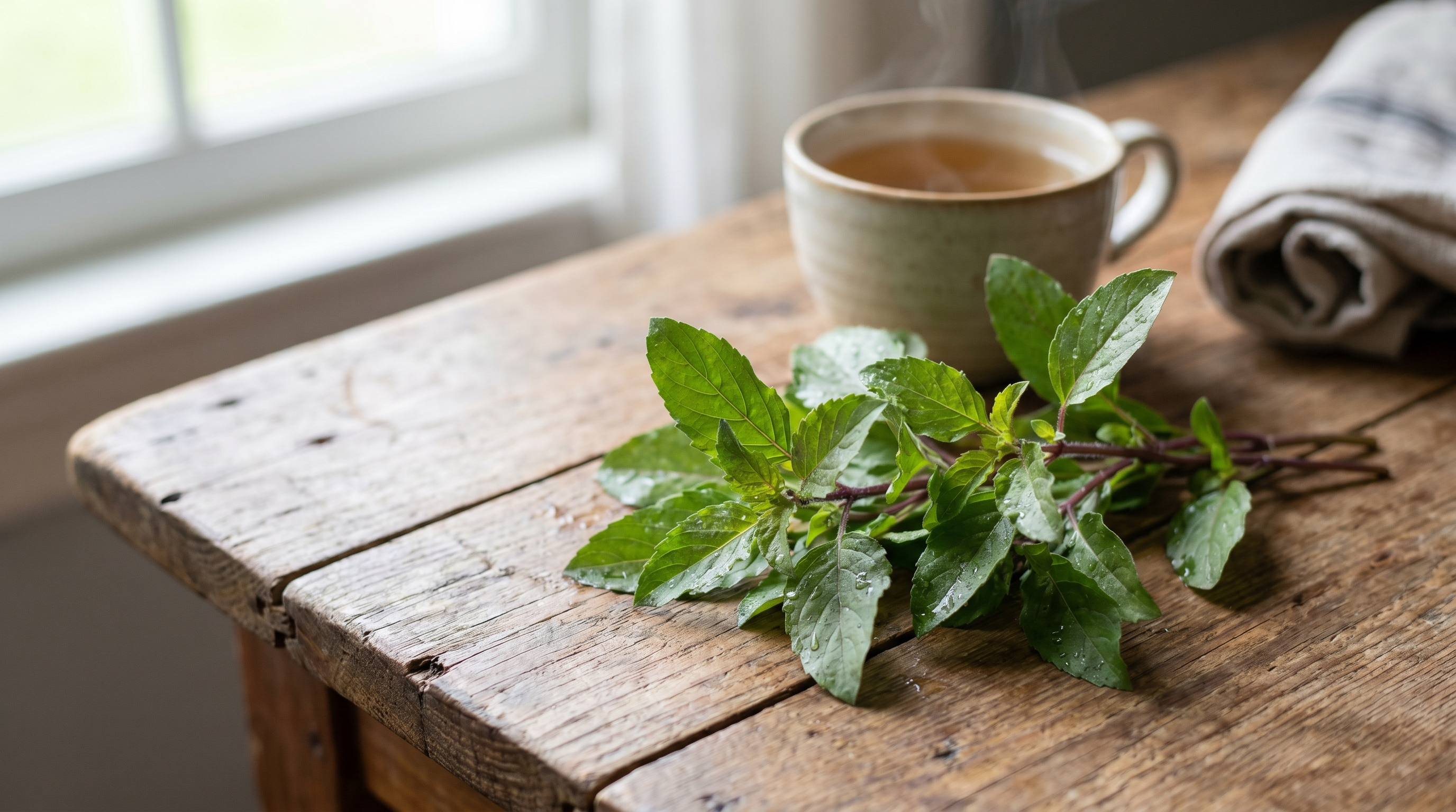 Feuilles de basilic sacré (tulsi) sur une surface en bois Image