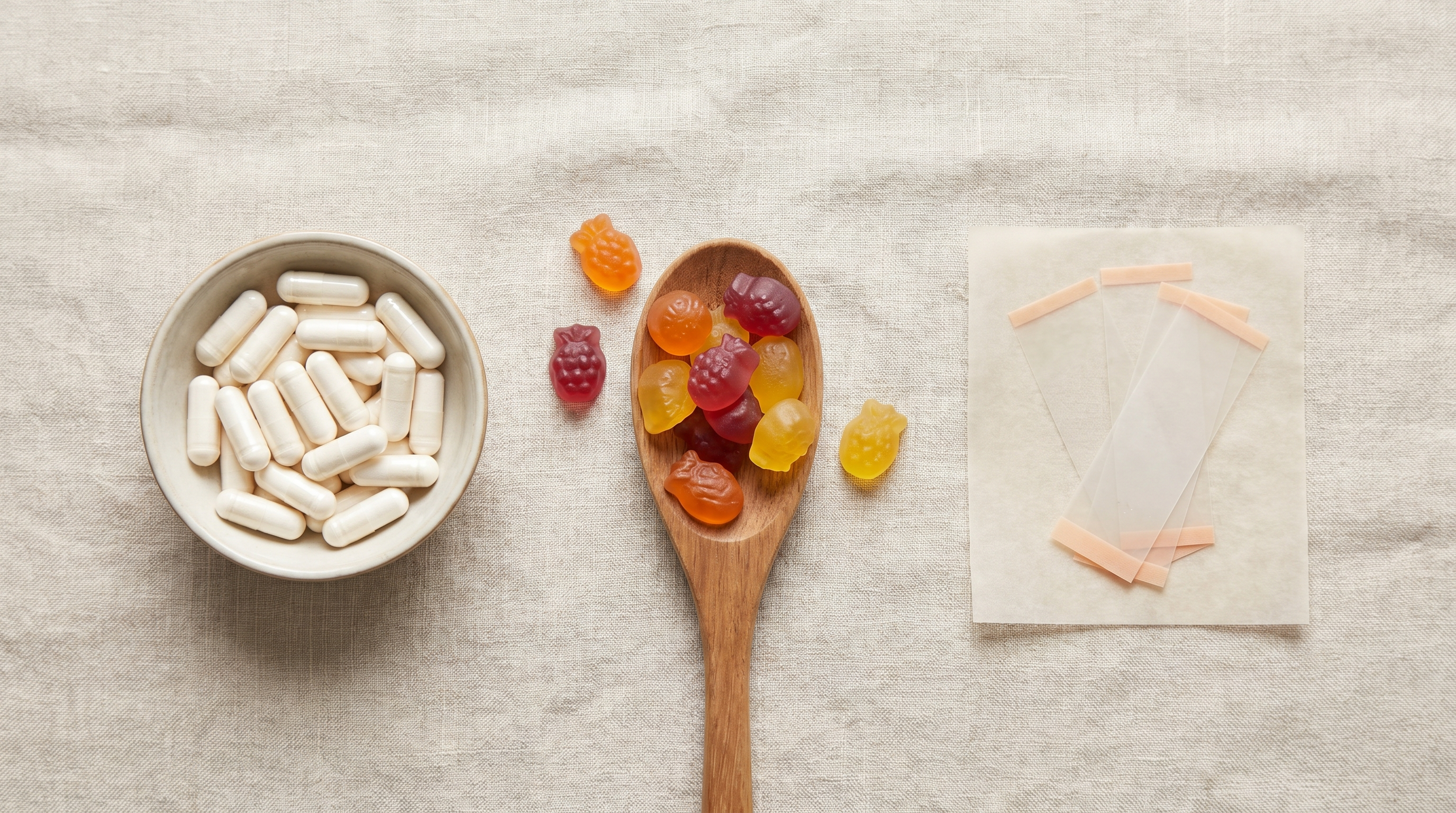 Comparatif des formes de compléments : gélules, gummies et feuilles sublinguales Image