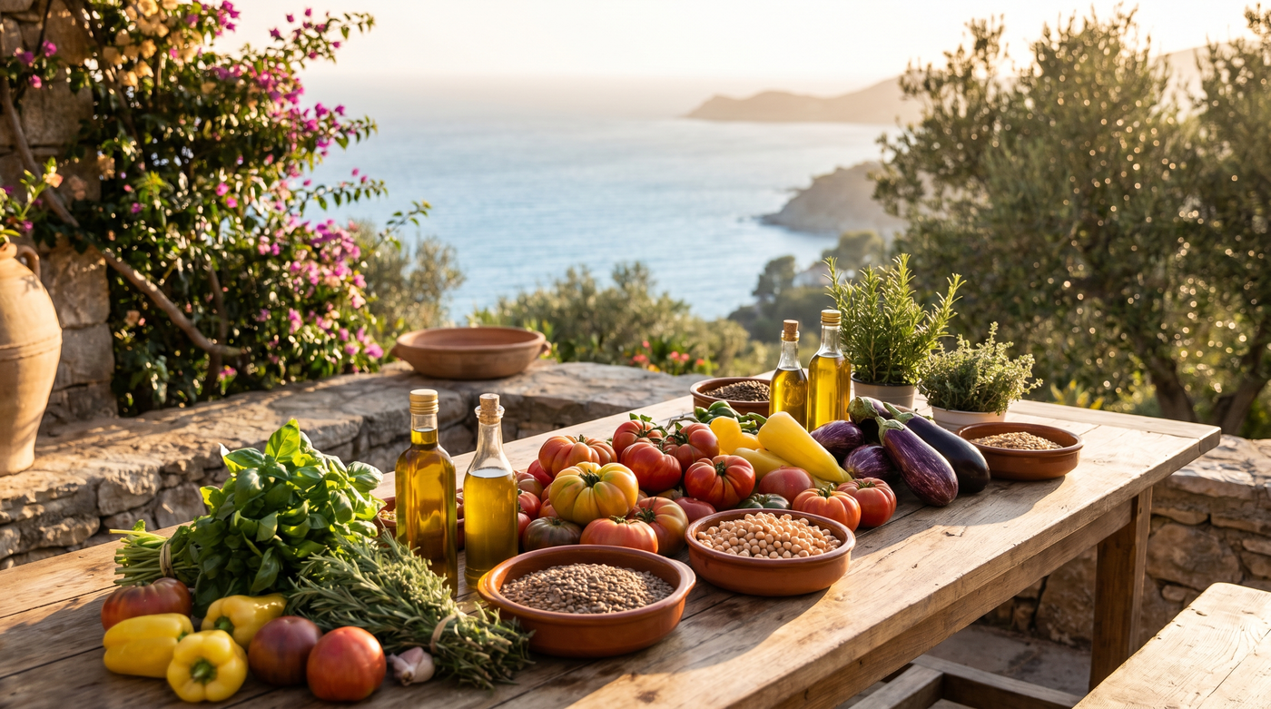 Terrasse méditerranéenne ensoleillée avec légumes frais et huile d'olive, ambiance longévité