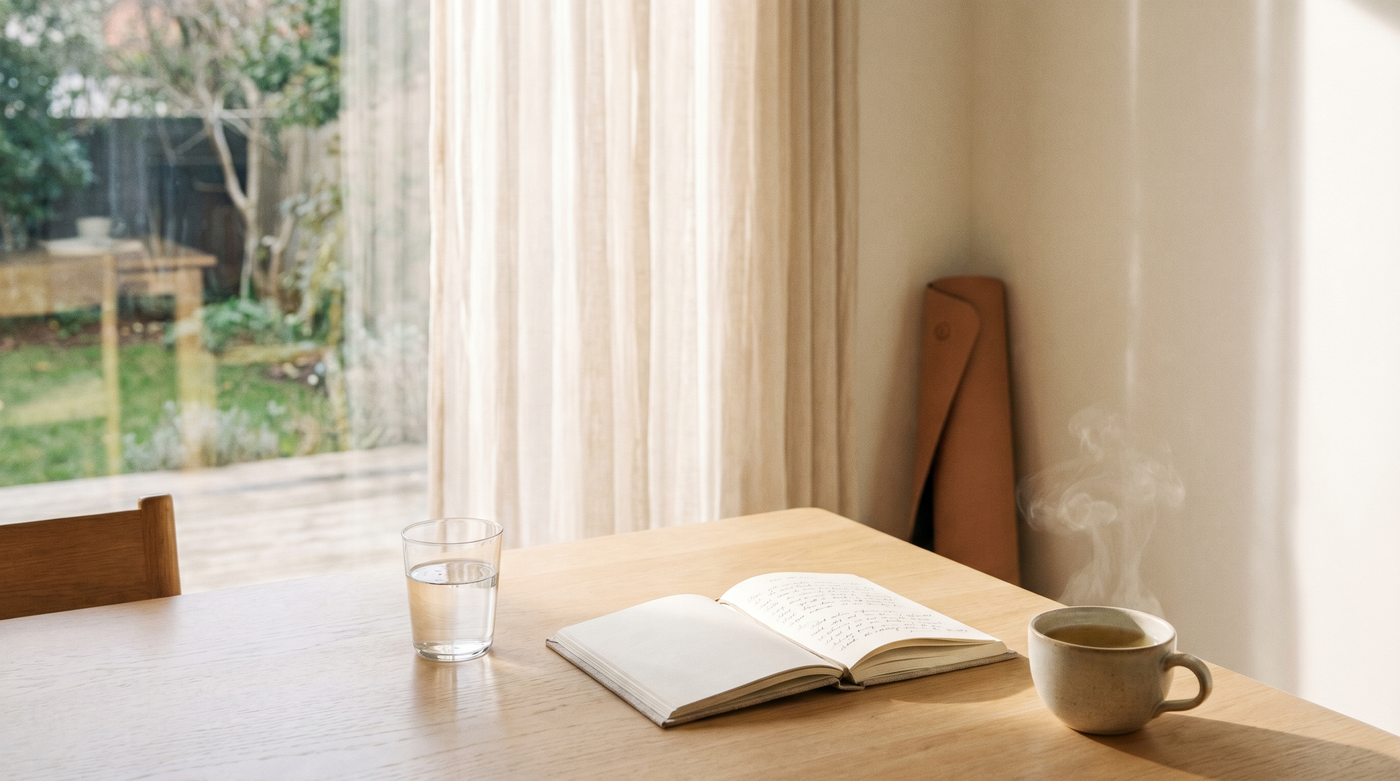 Scène de matinée lumineuse près d'une fenêtre : verre d'eau, carnet et tasse, ambiance bien-être