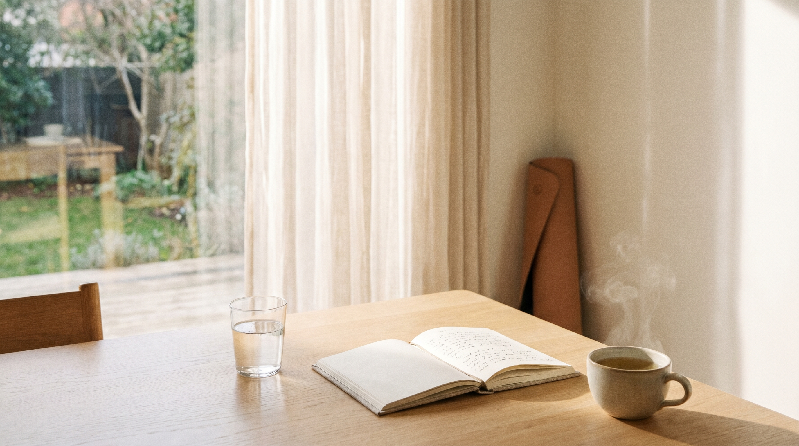 Scène de matinée lumineuse près d'une fenêtre : verre d'eau, carnet et tasse, ambiance bien-être Image