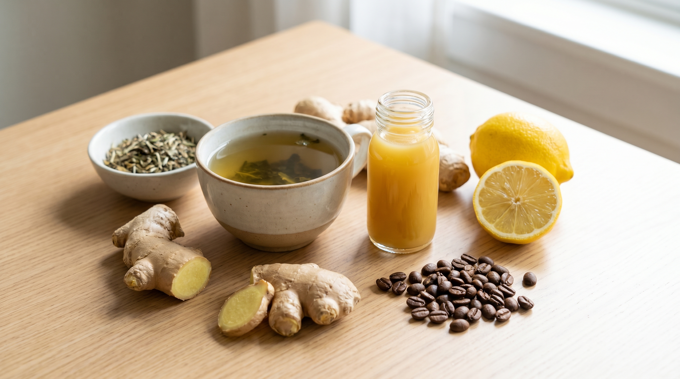 Alternatives naturelles aux boissons énergisantes : thé vert, gingembre, citron et café Image