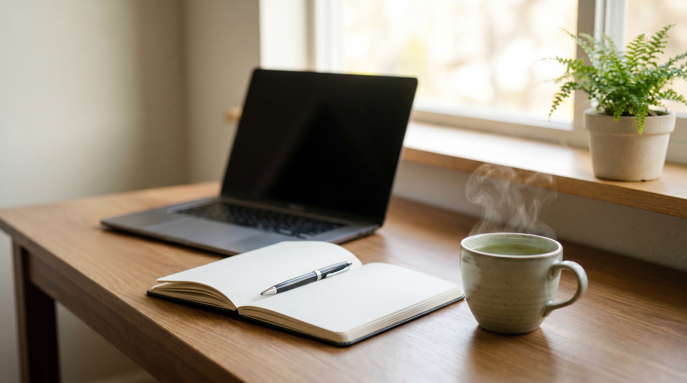 Bureau lumineux et rangé avec carnet et thé vert, ambiance concentration