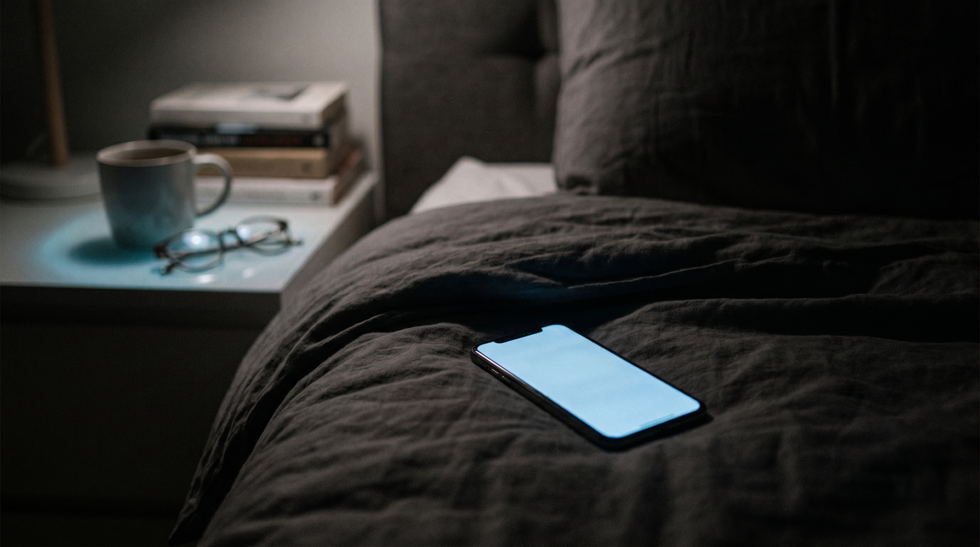 Écran de smartphone qui éclaire en bleu une chambre sombre la nuit