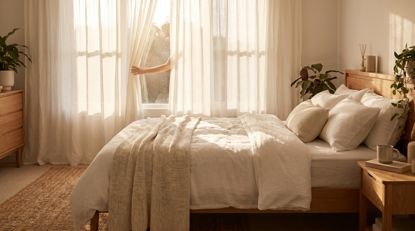 Chambre lumineuse le matin, rideaux ouverts sur la lumière du jour