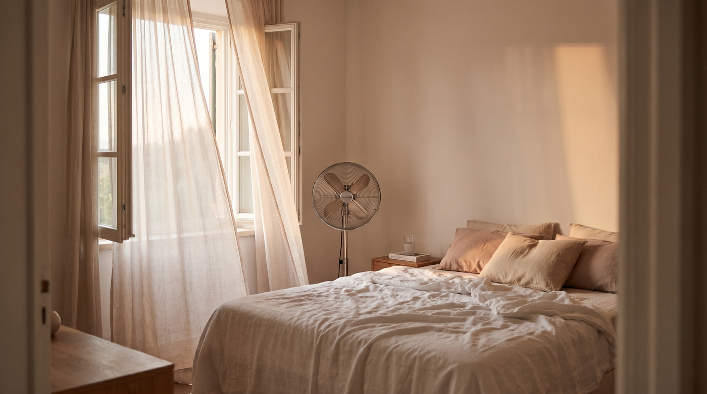 Chambre l'été, fenêtre ouverte aux rideaux légers et ventilateur