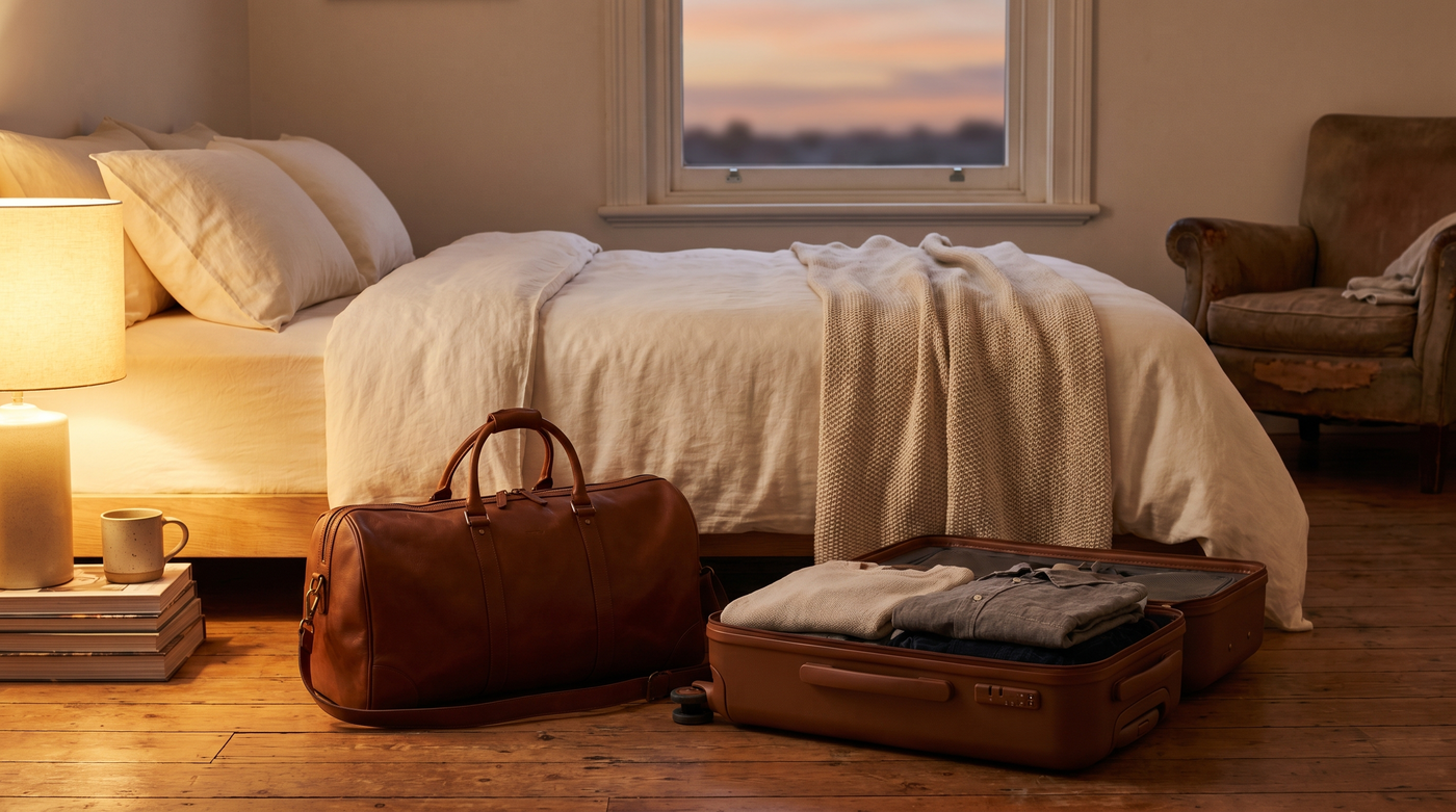 Valise posée près d'un lit en fin de soirée, ambiance de fin de vacances
