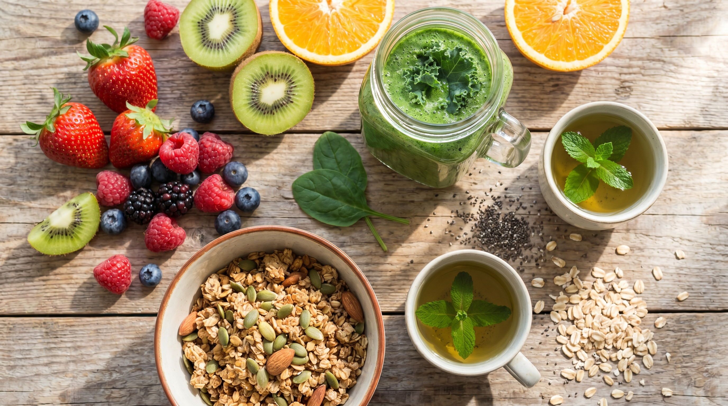 Petit-déjeuner sain et énergisant : fruits, smoothie vert et thé vert Image