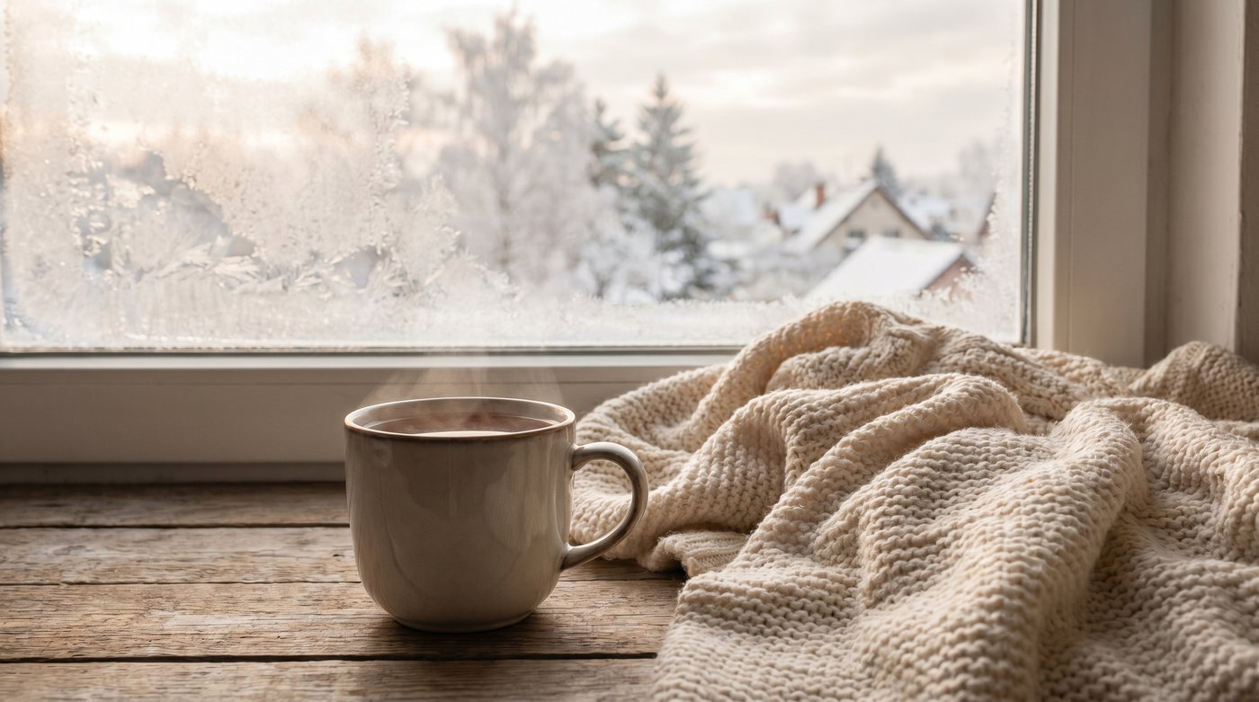 Matinée d'hiver cosy près d'une fenêtre givrée, tasse chaude et plaid