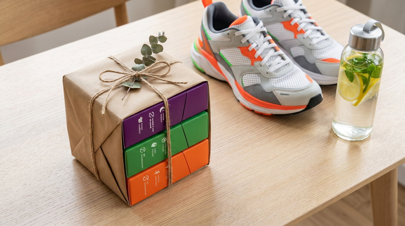 Pack Papills présenté en cadeau avec baskets et gourde, idée cadeau sportif