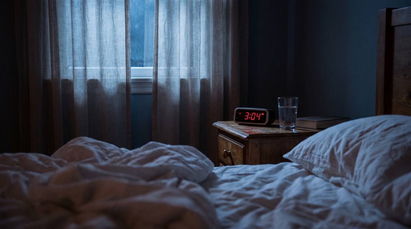 Réveil affichant 3h04 dans une chambre sombre, réveil nocturne en pleine nuit