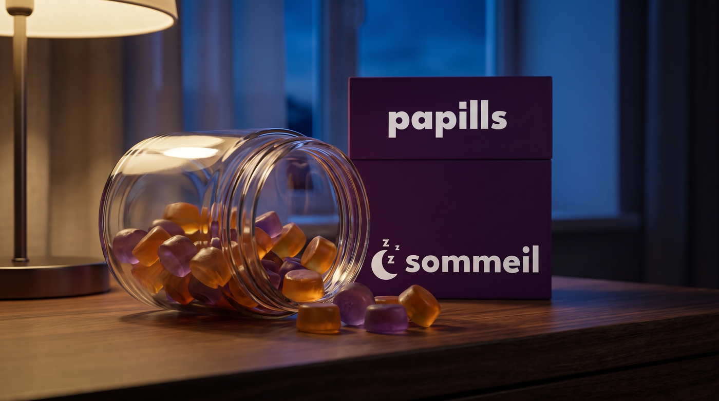 Bocal de gummies renversé sur une table de nuit la nuit, à côté de l'étui Papills Sommeil