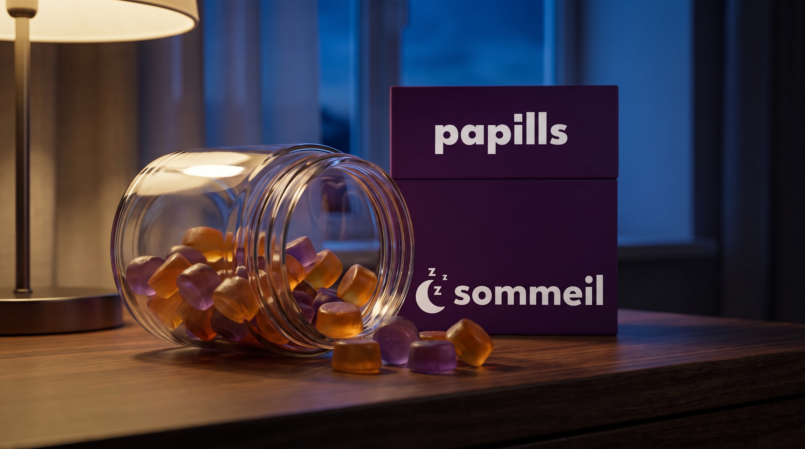 Bocal de gummies renversé sur une table de nuit la nuit, à côté de l'étui Papills Sommeil Image