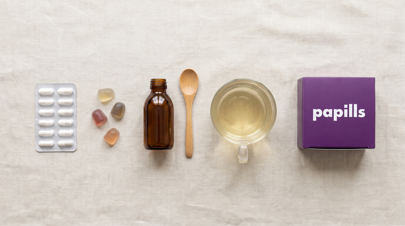 Les formes de compléments sommeil alignées sur du lin : gélules, gummies, sirop, infusion et étui Papills