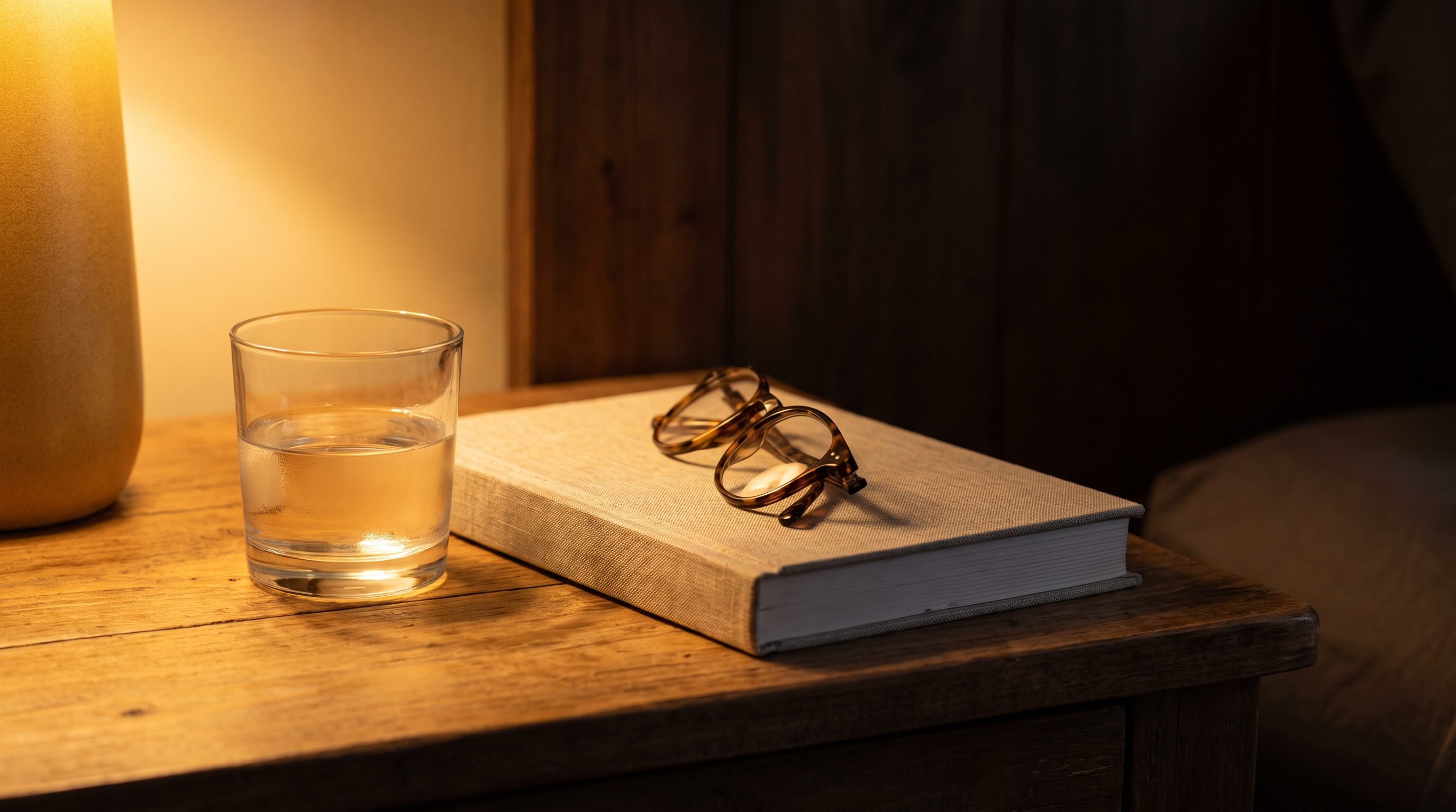 Table de nuit le soir avec un verre d'eau et un livre, ambiance calme au coucher Image