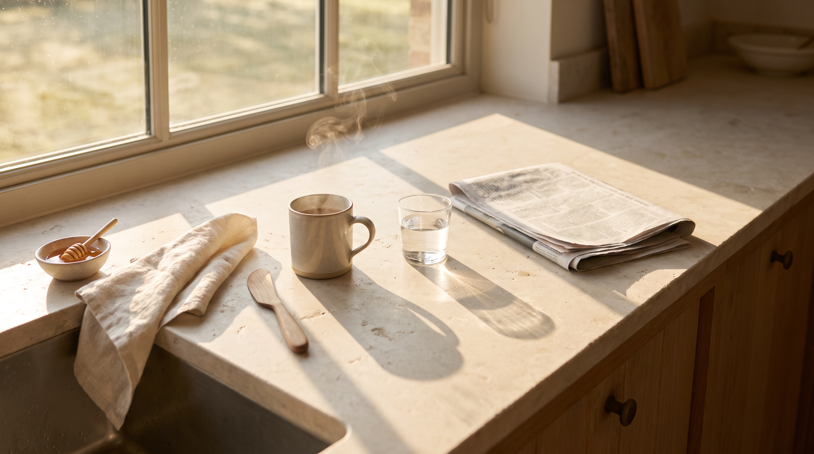 Plan de travail de cuisine dans la lumière dorée du matin, café et verre d'eau Image