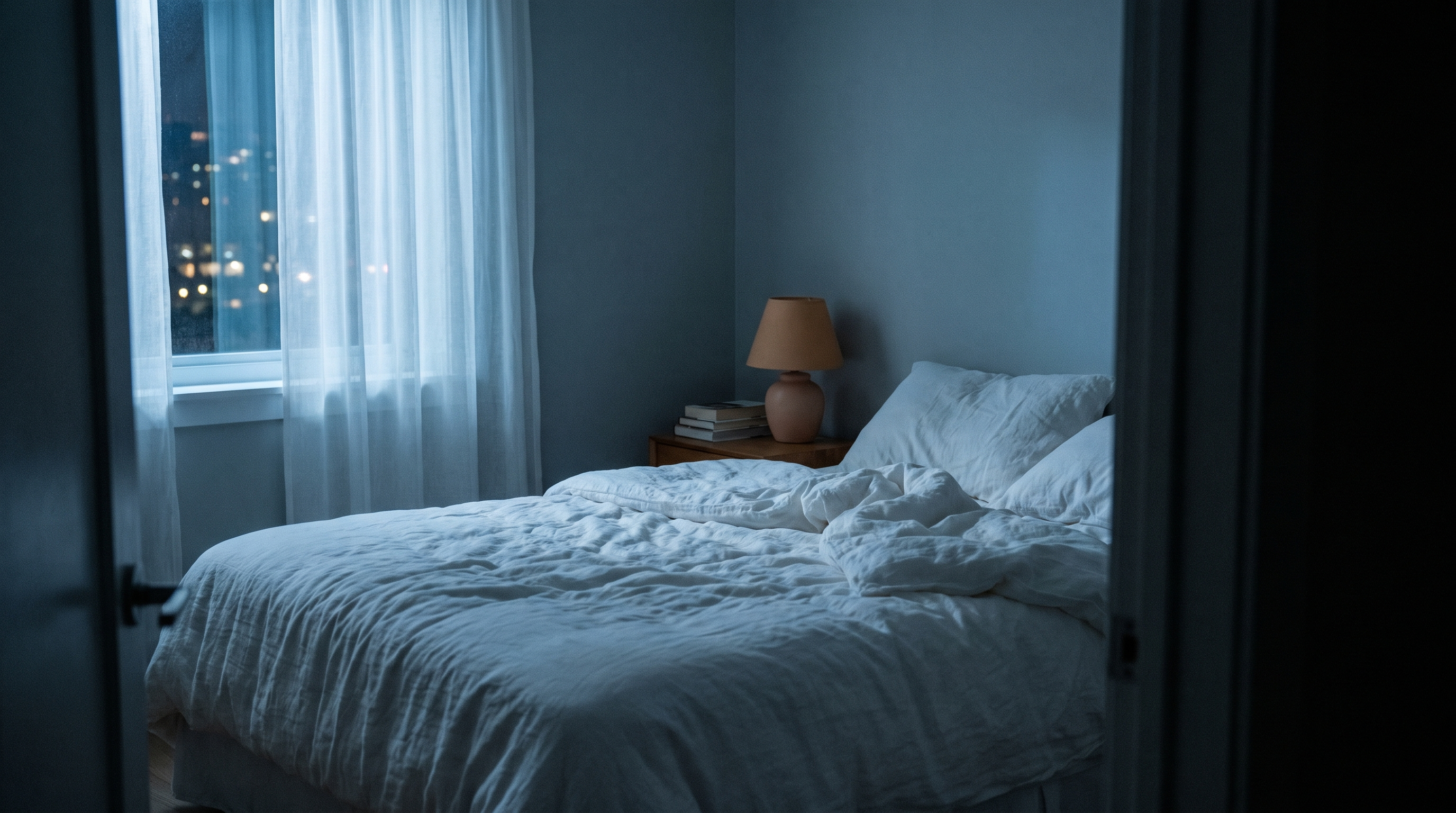 Chambre la nuit vue depuis la porte, lit défait et lueur bleue de la fenêtre Image