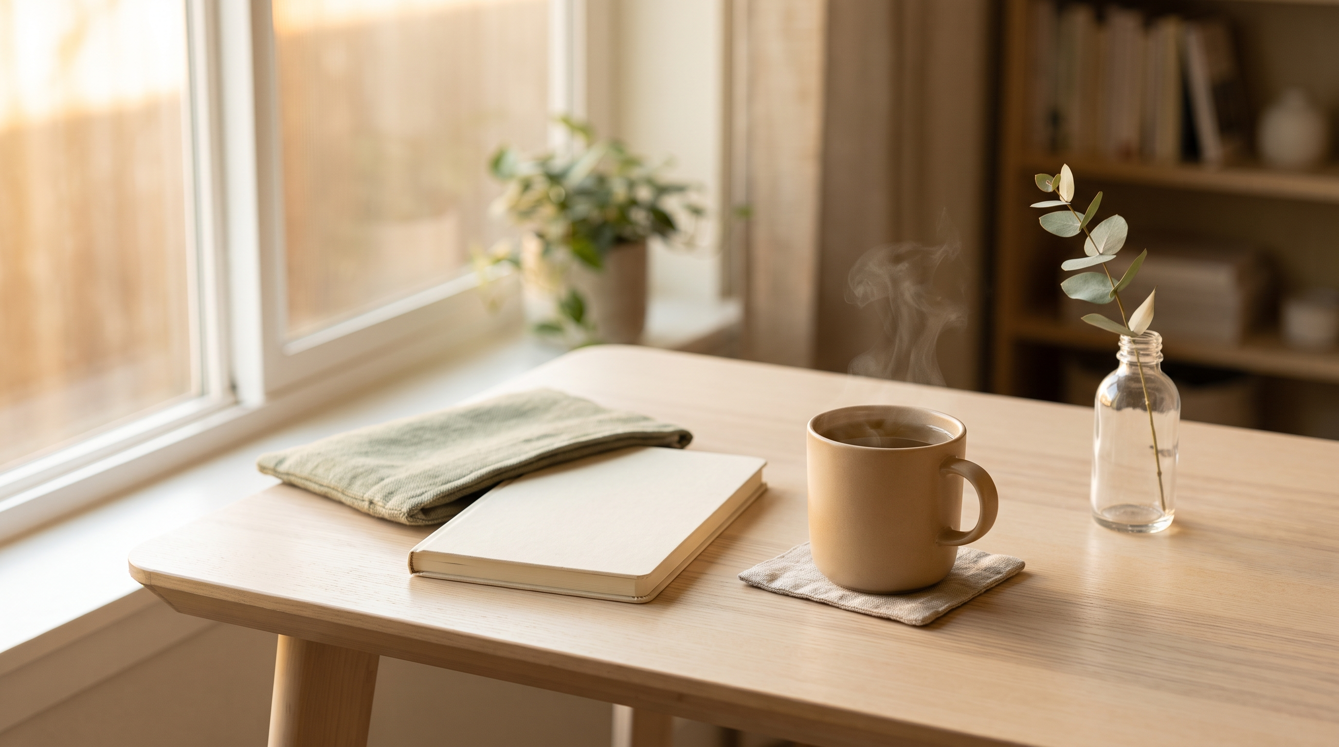 Bureau clair près d'une fenêtre avec une tasse de tisane, pause calme en journée Image