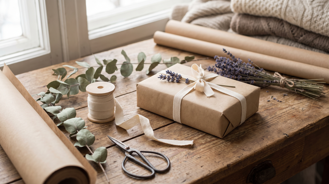 Scène d'emballage cadeau en papier kraft avec ruban, eucalyptus et lavande séchée
