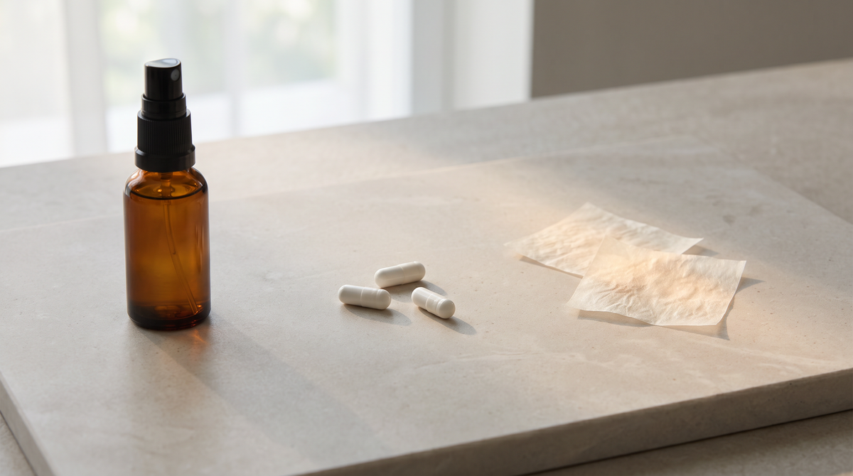 Trois formes de mélatonine côte à côte : flacon spray, gélules et films fondants